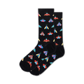 Pair of black crew socks with a colorful moth pattern.  The moths are red, blue, yellow, and white.