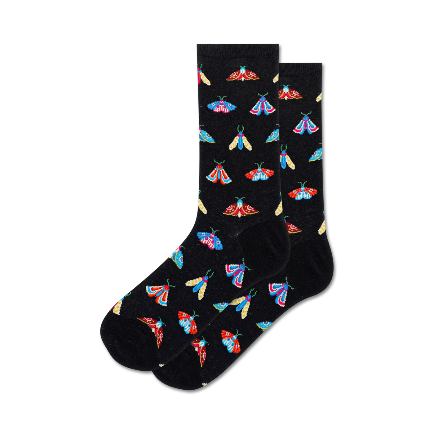 Pair of black crew socks with a colorful moth pattern.  The moths are red, blue, yellow, and white.