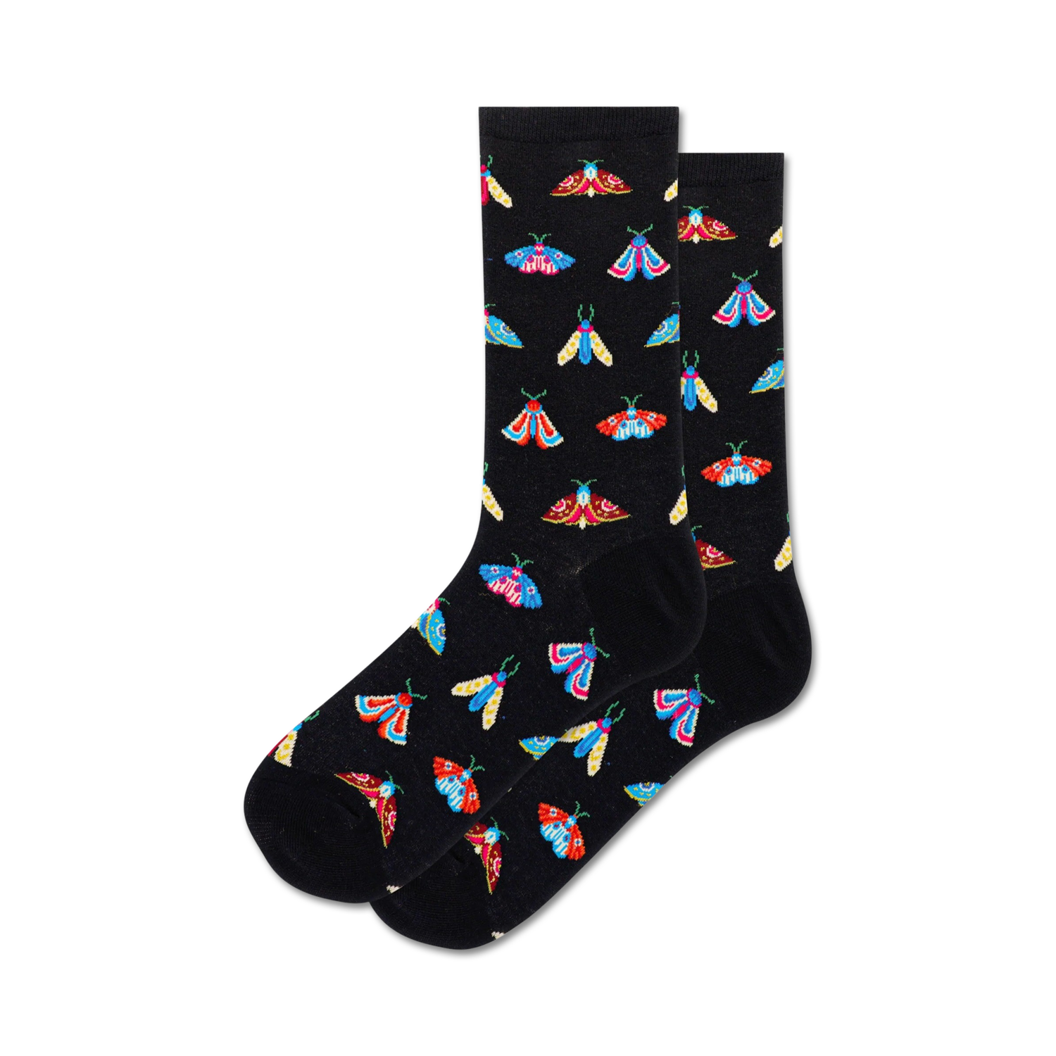 Pair of black crew socks with a colorful moth pattern.  The moths are red, blue, yellow, and white.