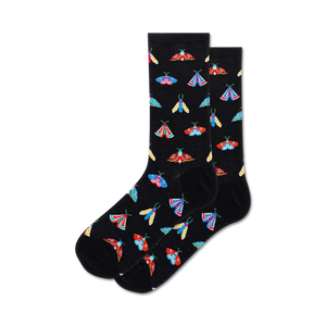 colorful moths adorn these black, women's crew socks in a bug themed pattern.   
