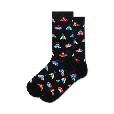 colorful moths adorn these black, women's crew socks in a bug themed pattern.   