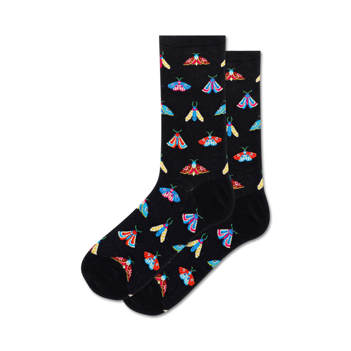 colorful moths adorn these black, women's crew socks in a bug themed pattern.   