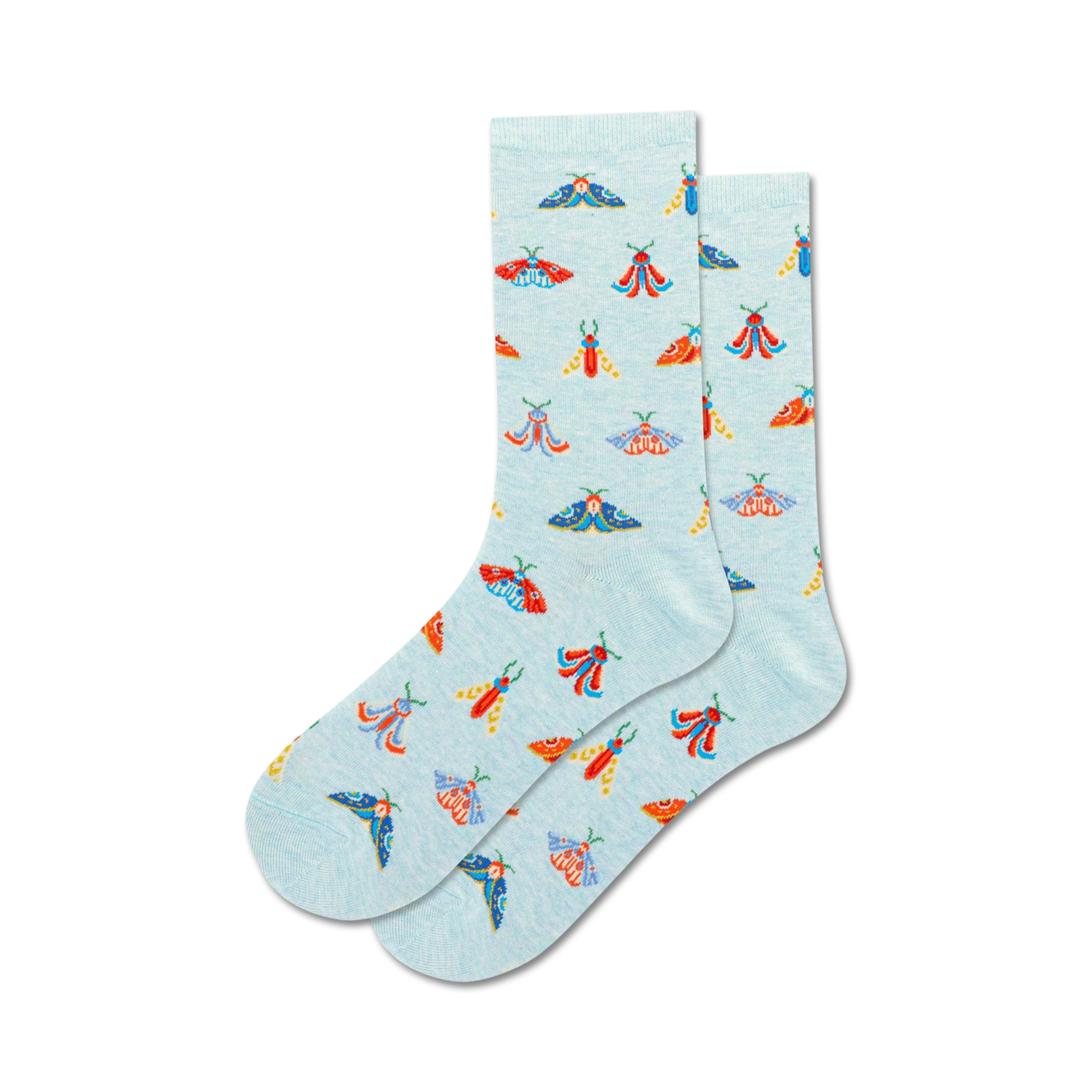 Lifestyle shot showing a pair of light blue crew socks with a moth pattern on a neutral background.