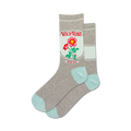 Pair of crew socks in grey and light blue, featuring a charming embroidered wild rose and 'Wild Rose Seed Co.' logo.