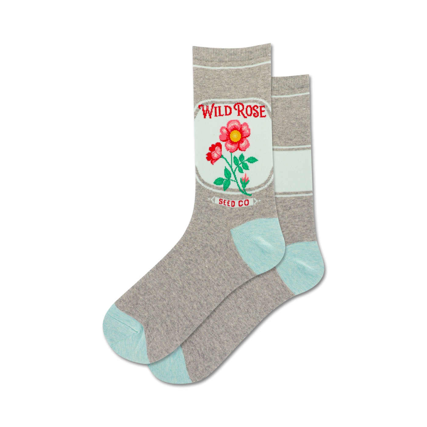 Pair of crew socks in grey and light blue, featuring a charming embroidered wild rose and 'Wild Rose Seed Co.' logo.