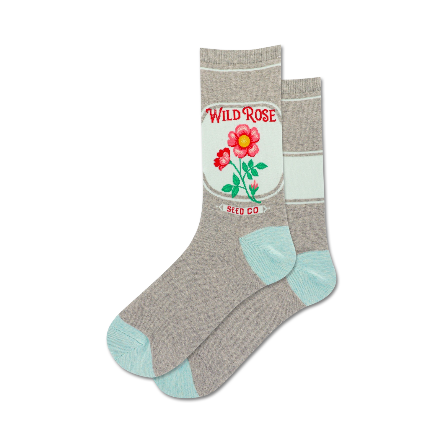 Pair of crew socks in grey and light blue, featuring a charming embroidered wild rose and 'Wild Rose Seed Co.' logo.