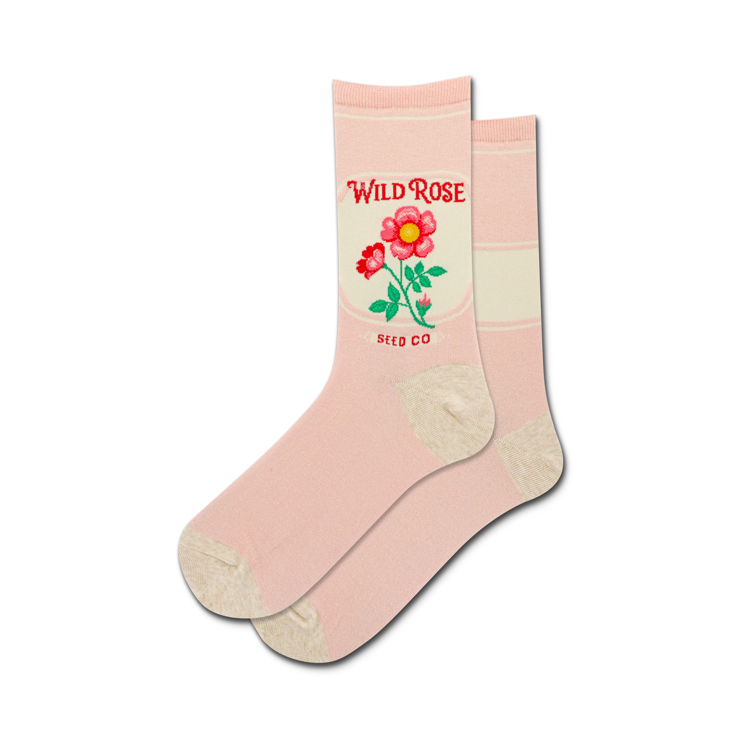 Lifestyle shot of the pink Wild Rose Seed Packet socks on a model's feet.