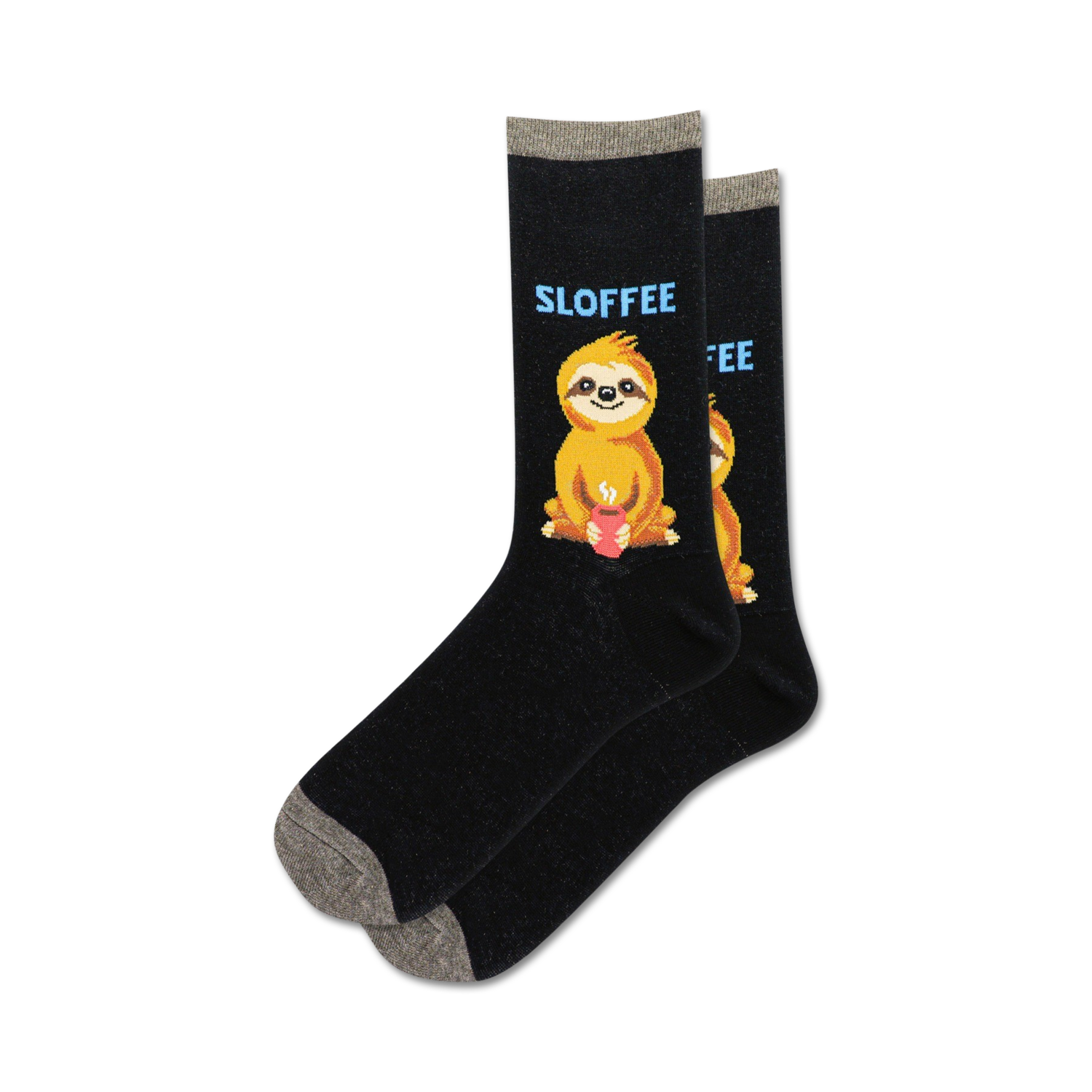 Pair of black crew socks featuring a sloth drinking coffee.  The socks have a gray cuff and the sloth graphic is in shades of brown and light blue.