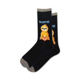  black crew socks with a pattern of sloths holding red coffee cups, perfect for women who love sloths and want cozy, stylish socks.   