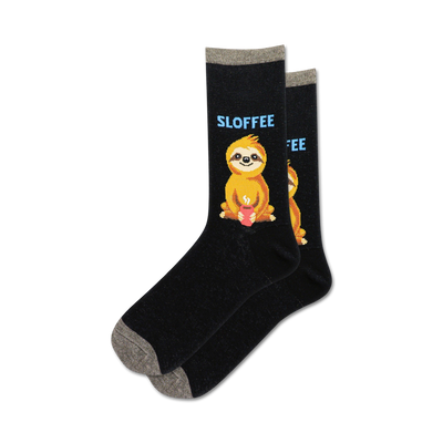 Pair of black crew socks featuring a sloth drinking coffee.  The socks have a gray cuff and the sloth graphic is in shades of brown and light blue.