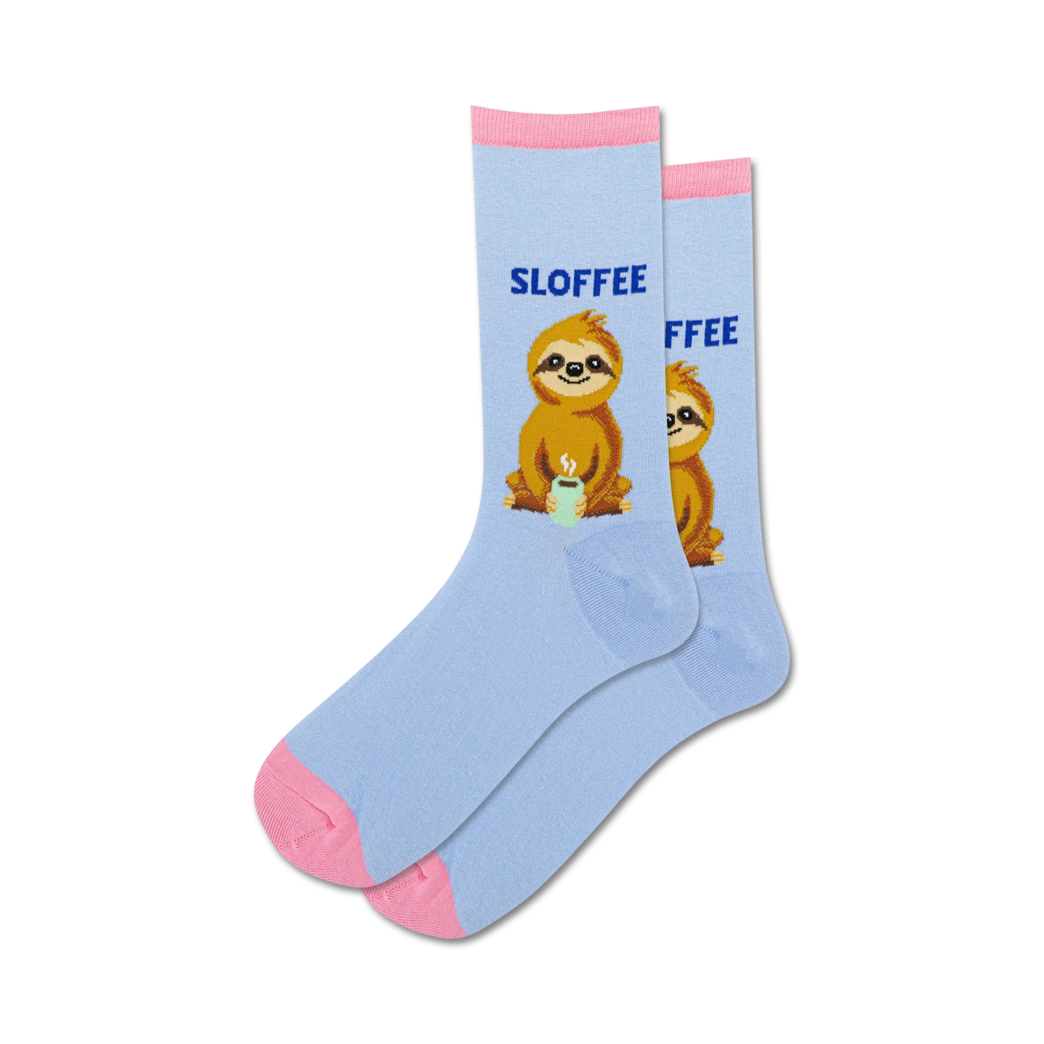 Lifestyle shot of Sloffee socks on a person's feet, showing the light blue colorway with pink cuffs