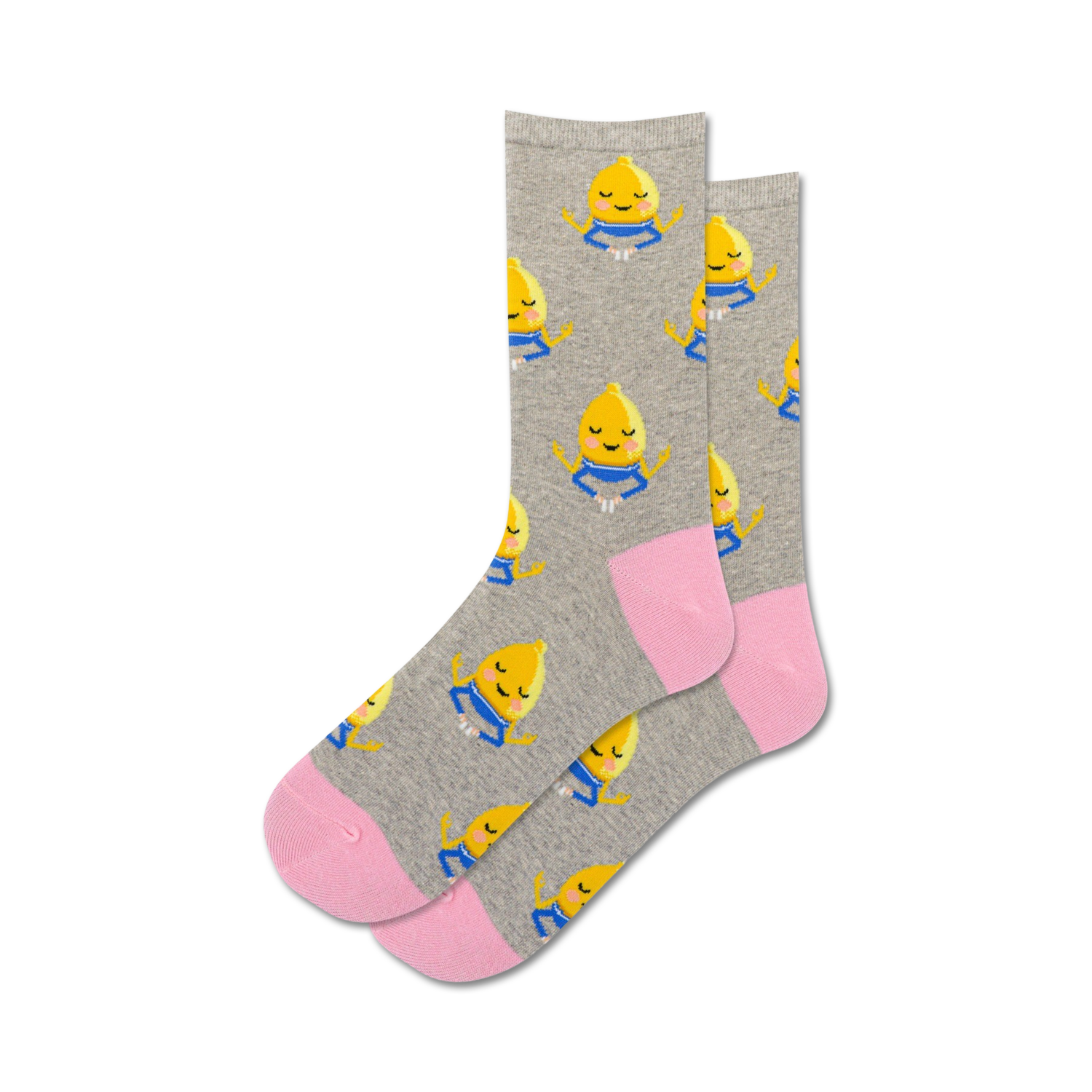 Pair of crew socks, grey and pink, featuring a pattern of cute meditating lemons.