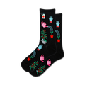 Pair of black crew socks with a fun gardening print featuring watering cans, plants, and gardening gloves. 