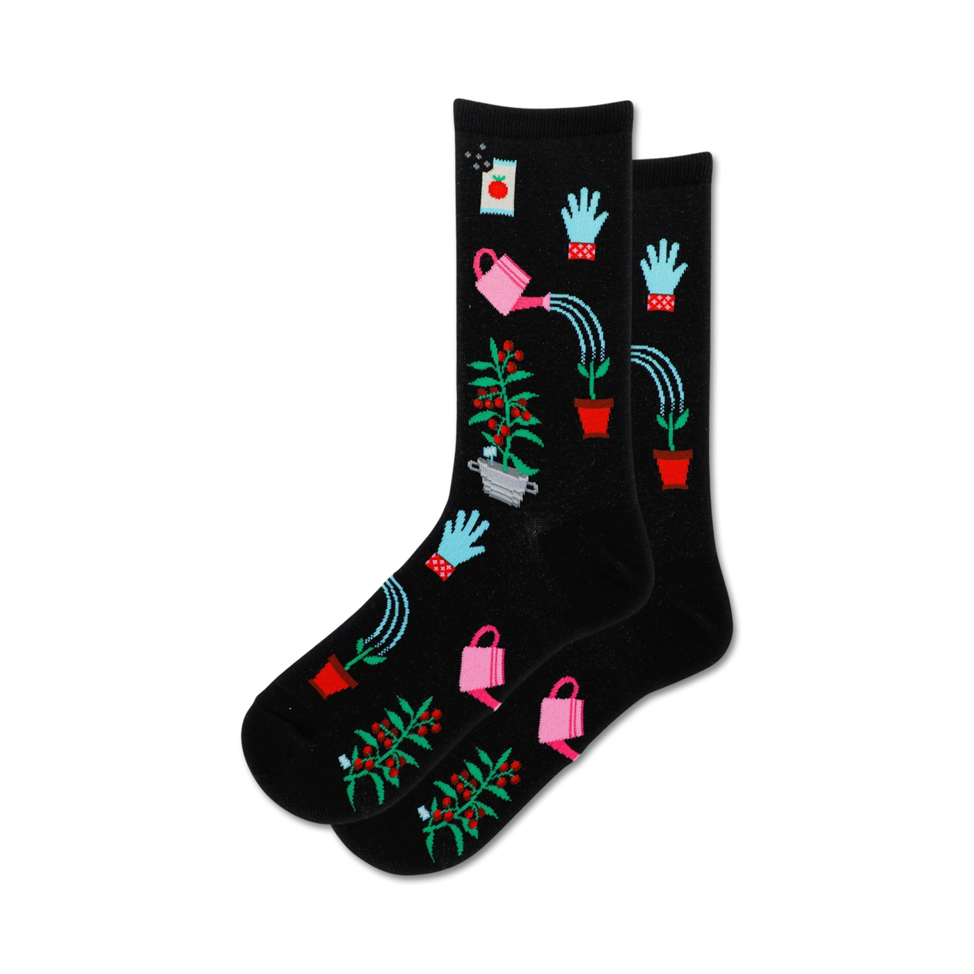 Pair of black crew socks with a fun gardening print featuring watering cans, plants, and gardening gloves. 