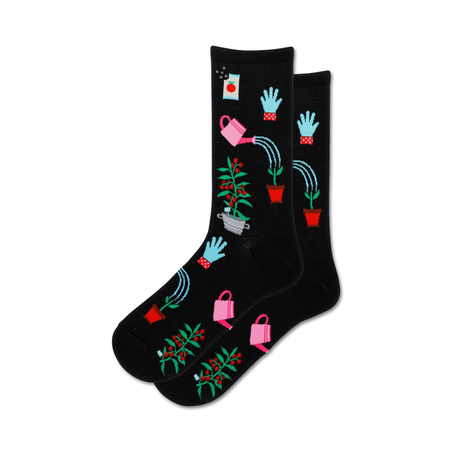 Pair of black crew socks with a fun gardening print featuring watering cans, plants, and gardening gloves. 