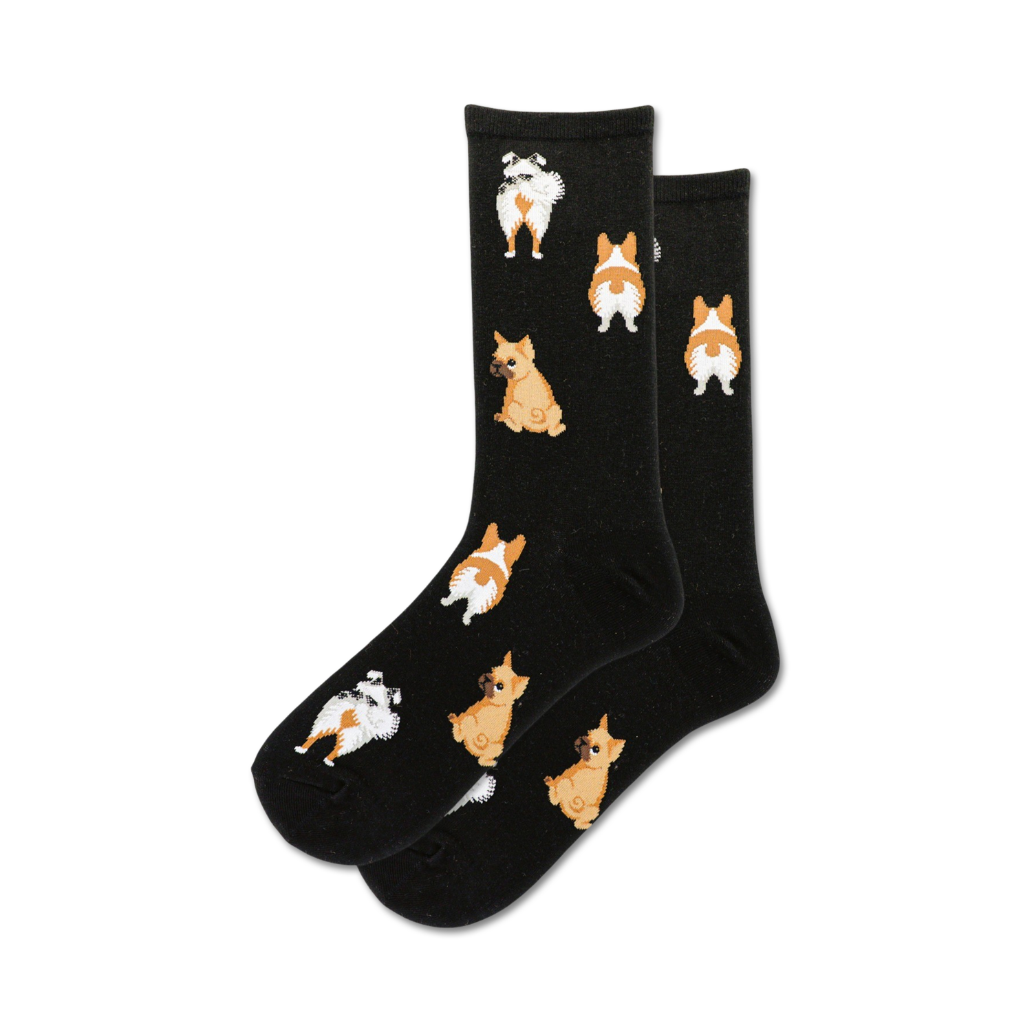 Pair of black crew socks with repeating pattern of cute dog rear ends (corgi and pug).