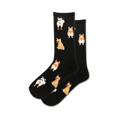 black crew socks with cartoon dog butts pattern (different breeds and colors). womens.  