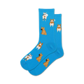 Lifestyle shot: A person wearing the bright blue Dog Tails socks.