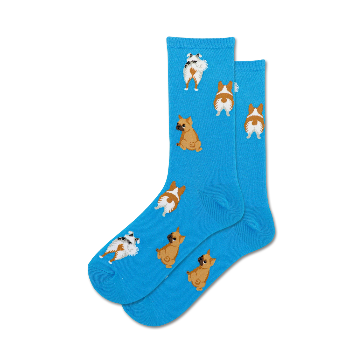 Lifestyle shot: A person wearing the bright blue Dog Tails socks.