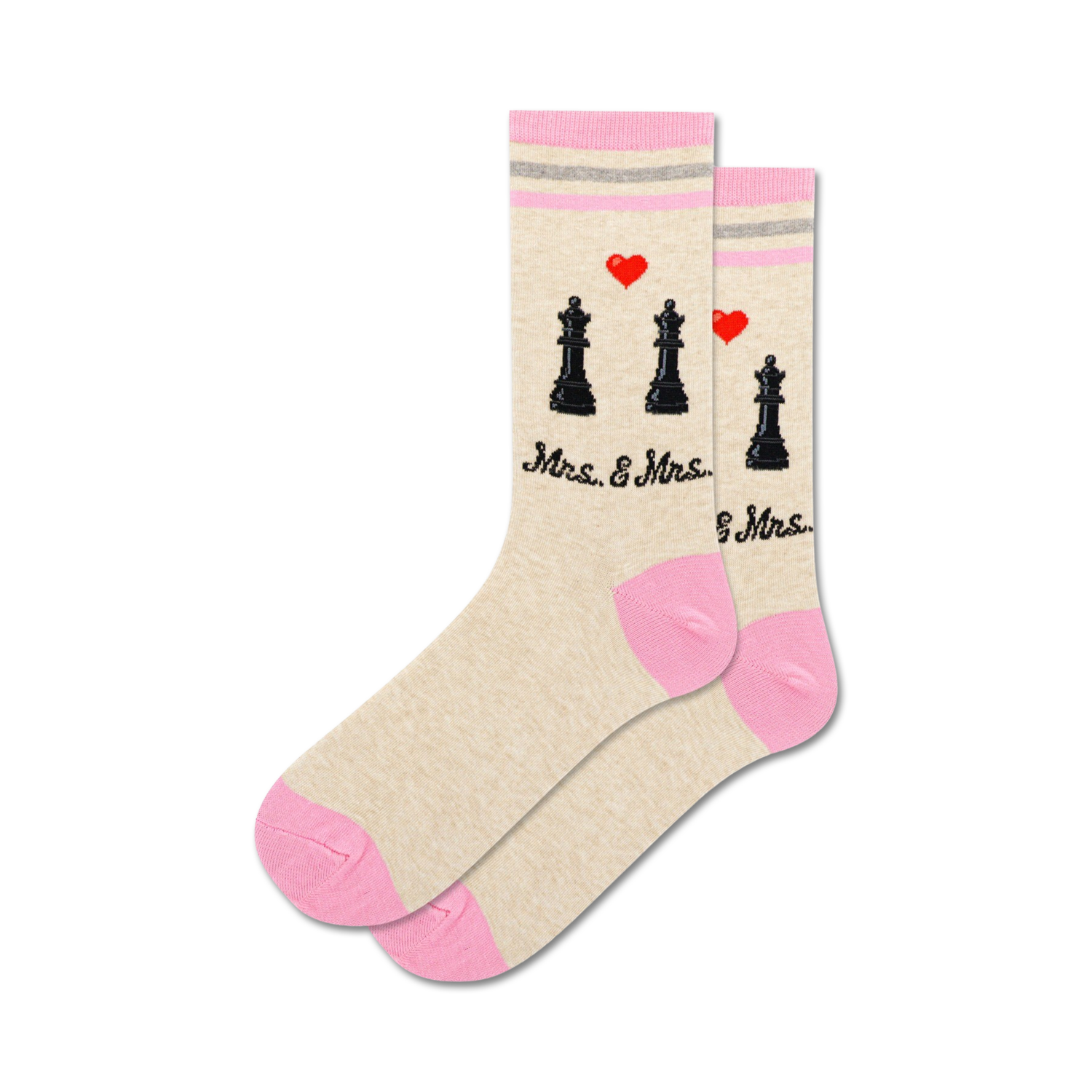 Lifestyle shot of two pairs of 'Mr & Mrs' socks, one in grey/blue, the other in beige/pink.