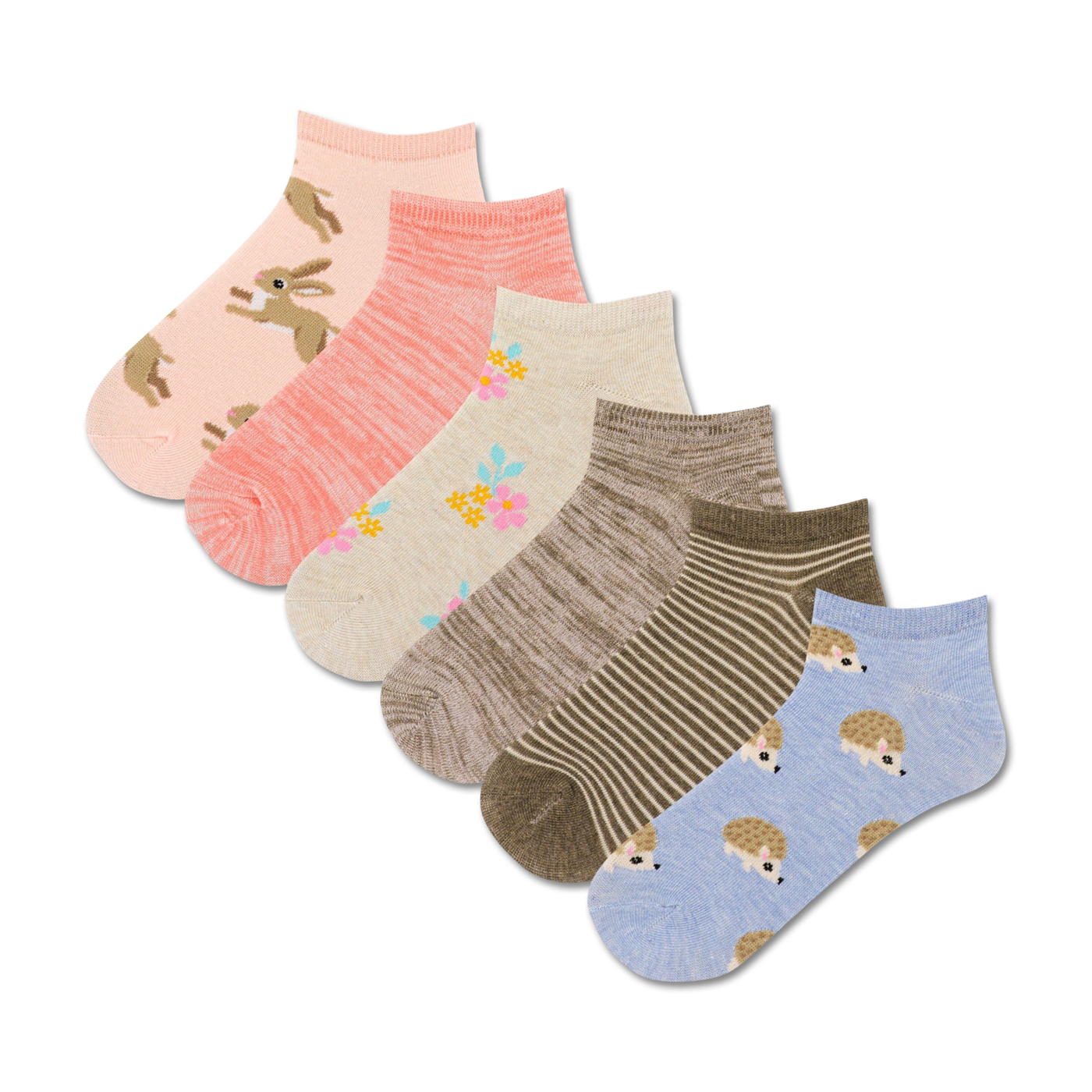 Six pairs of women's ankle socks. Designs include bunnies on pink, florals on cream, stripes on brown, and hedgehogs on light blue.