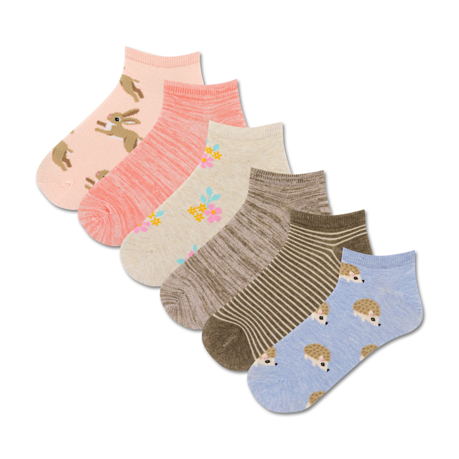 Six pairs of women's ankle socks. Designs include bunnies on pink, florals on cream, stripes on brown, and hedgehogs on light blue.