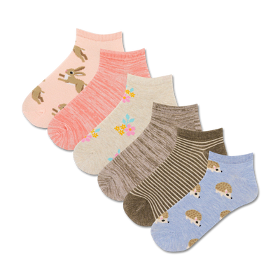  pink rabbits and brown hedgehogs frolic among flowers on these whimsically patterned womens ankle socks.  