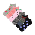 Six pairs of women's ankle socks in a variety of colors and fruit patterns: strawberries, watermelon, and blueberries.