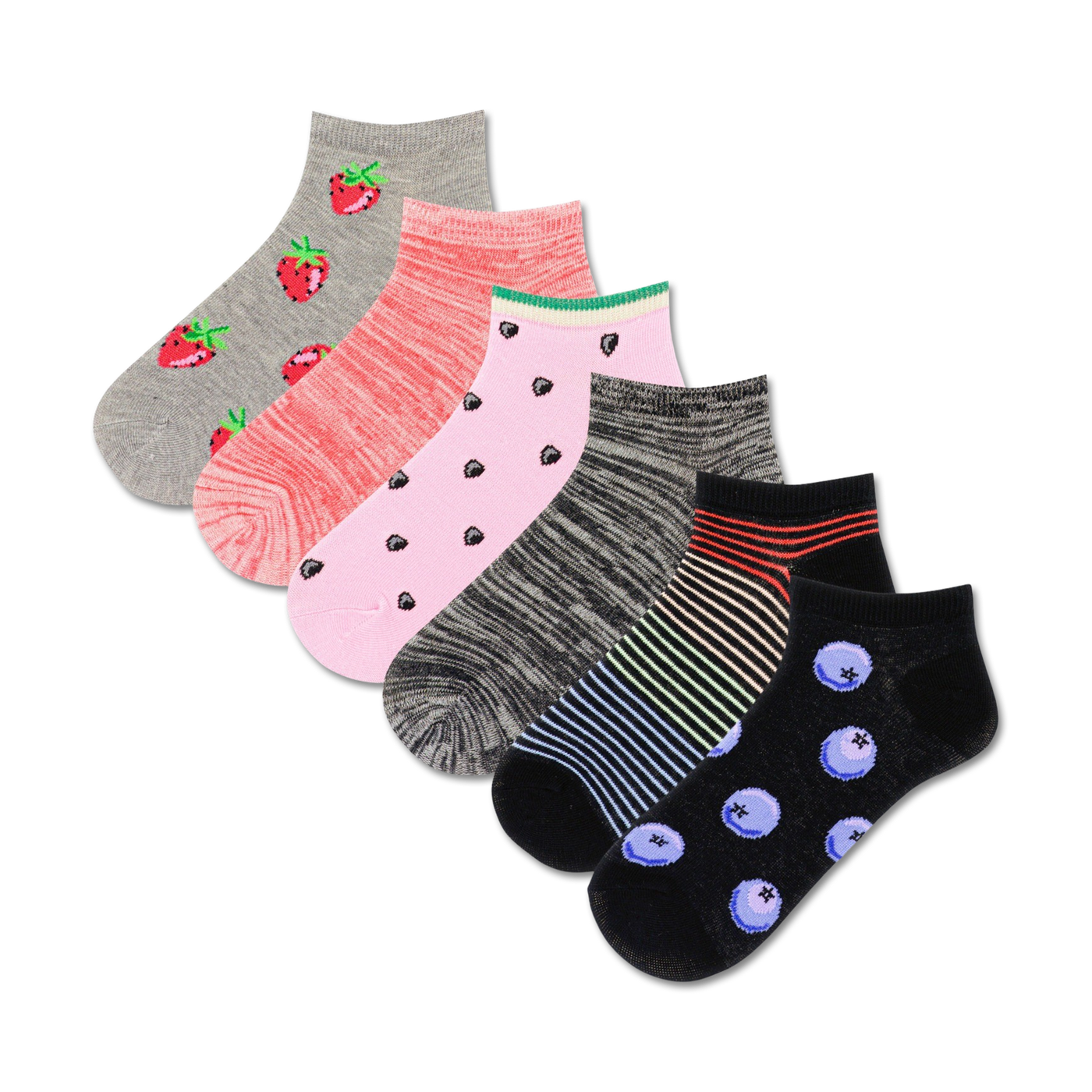 Six pairs of women's ankle socks in a variety of colors and fruit patterns: strawberries, watermelon, and blueberries.