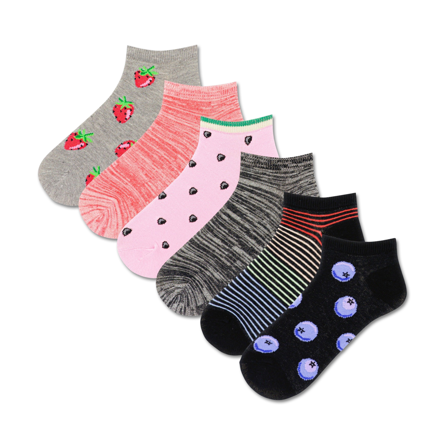 Six pairs of women's ankle socks in a variety of colors and fruit patterns: strawberries, watermelon, and blueberries.