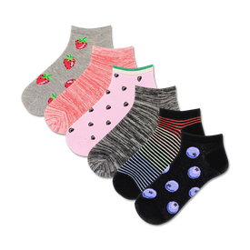 women's 6-pack of novelty ankle socks with fruit patterns including strawberries, blueberries, polka dots, and rainbow stripes.  