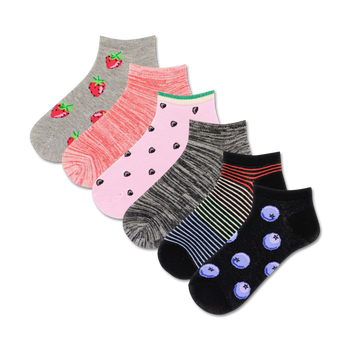 women's 6-pack of novelty ankle socks with fruit patterns including strawberries, blueberries, polka dots, and rainbow stripes.  