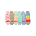 Six pairs of women's no-show socks. Designs include rainbows, pastel stripes, solid pastel blue, stars, and a multi-colored rainbow stripe.