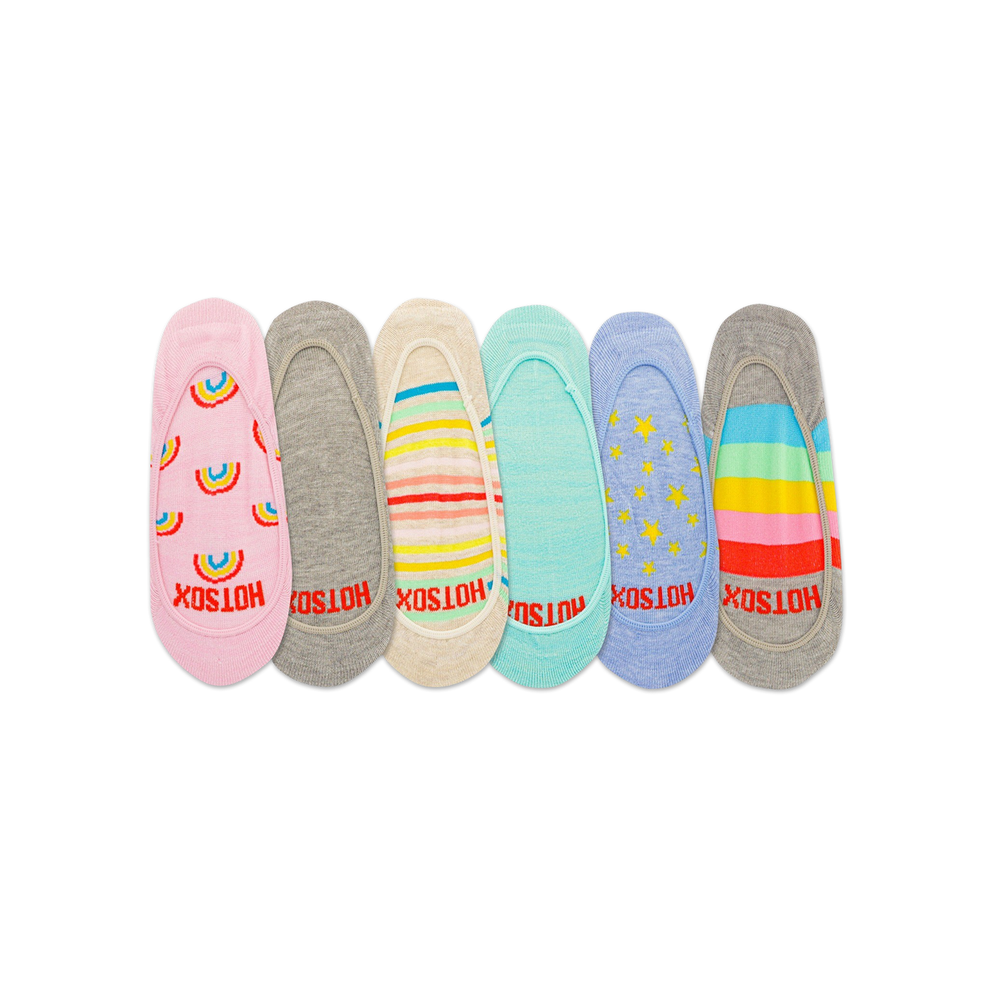 Six pairs of women's no-show socks. Designs include rainbows, pastel stripes, solid pastel blue, stars, and a multi-colored rainbow stripe.