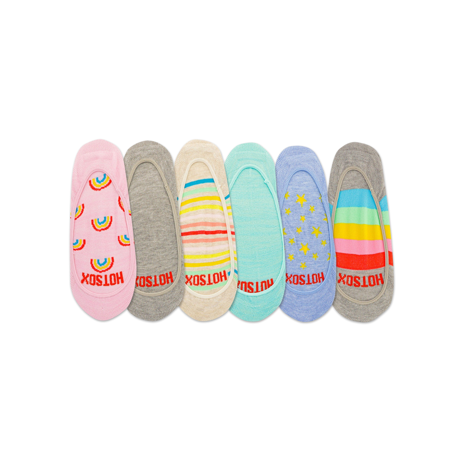 Six pairs of women's no-show socks. Designs include rainbows, pastel stripes, solid pastel blue, stars, and a multi-colored rainbow stripe.
