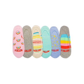 6 pair pack womens rainbow socks in assorted patterns including stripes, stars, and rainbows    