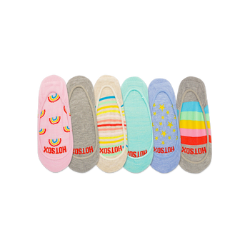 6 pair pack womens rainbow socks in assorted patterns including stripes, stars, and rainbows    