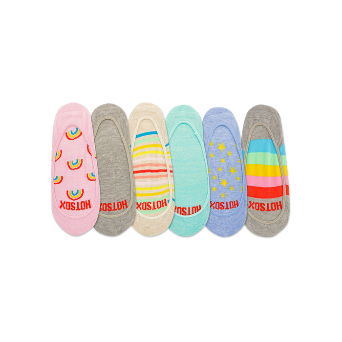 6 pair pack womens rainbow socks in assorted patterns including stripes, stars, and rainbows     }}