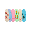 Five pairs of pastel-colored no-show socks. Designs include crabs, stripes, pineapples, and palm trees.