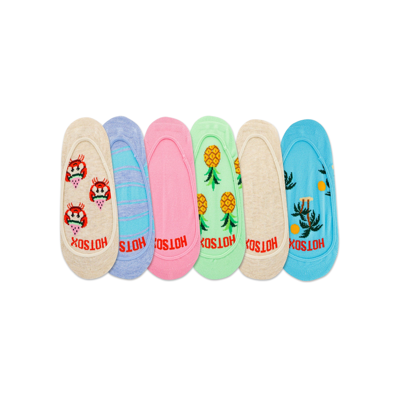 Five pairs of pastel-colored no-show socks. Designs include crabs, stripes, pineapples, and palm trees.