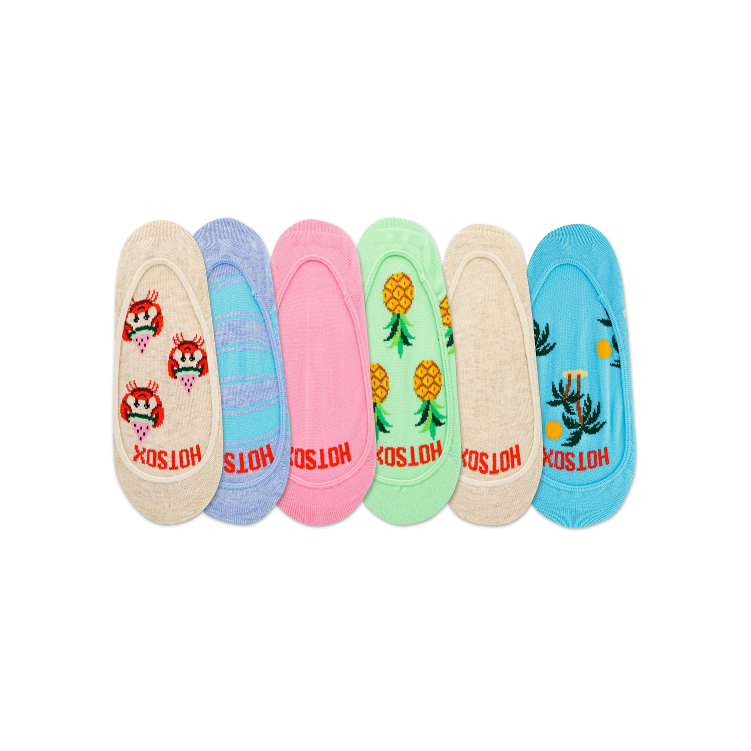 Five pairs of pastel-colored no-show socks. Designs include crabs, stripes, pineapples, and palm trees.