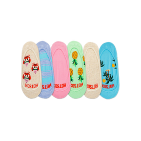 women's novelty beach theme liner socks in watermelon, flamingo, pineapple, palm tree, and crab patterns.  