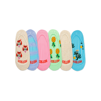 women's novelty beach theme liner socks in watermelon, flamingo, pineapple, palm tree, and crab patterns.  