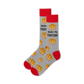 Pair of grey crew socks with red cuffs. Features a pattern of everything bagels and the text 'You're My Everything'.