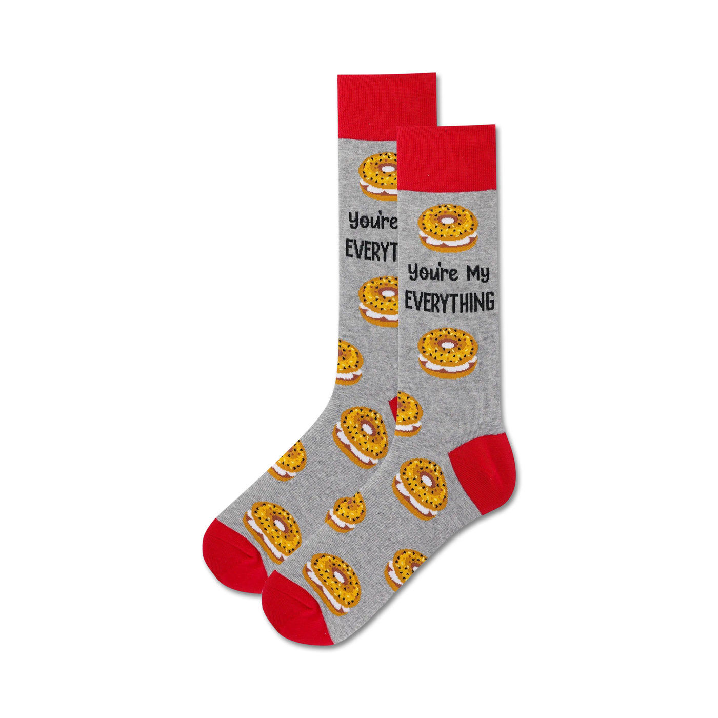 Pair of grey crew socks with red cuffs. Features a pattern of everything bagels and the text 'You're My Everything'.