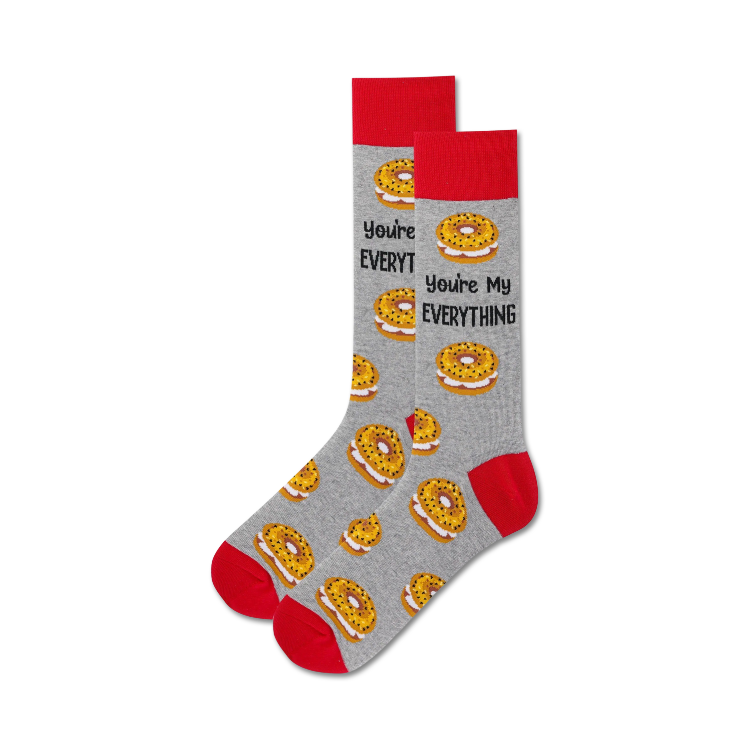 Pair of grey crew socks with red cuffs. Features a pattern of everything bagels and the text 'You're My Everything'.