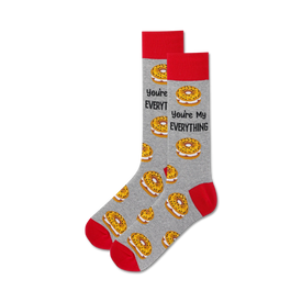 gray crew socks with red lettering "you're my everything bagel" and a bagel pattern.  
