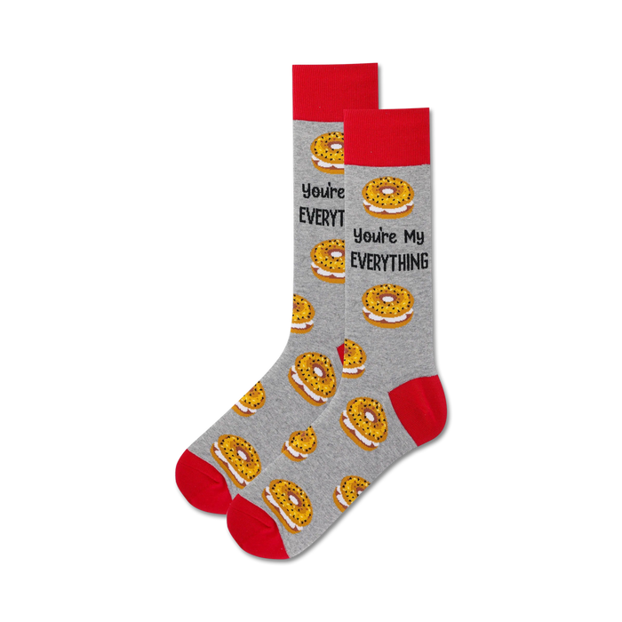 gray crew socks with red lettering 