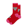 Red crew socks with a black & white plaid heart design, accented with pink cuffs, heels, & toes.