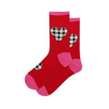 Red crew socks with a black & white plaid heart design, accented with pink cuffs, heels, & toes.
